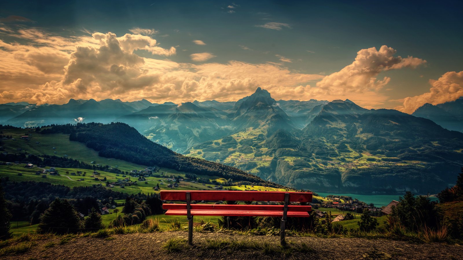 Обои небо, облака, горы, природа, пейзаж, панорама, скамейка, лавка, the sky, clouds, mountains, nature, landscape, panorama, bench, shop разрешение 5616x3370 Загрузить