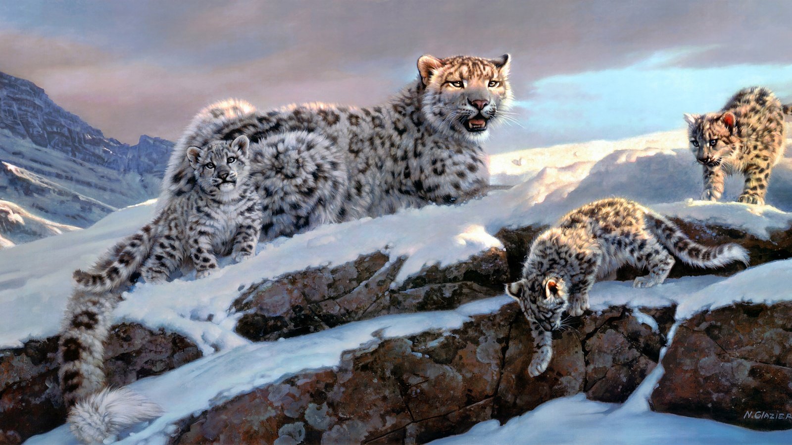 Обои зима, снежные барсы, nancy glazier, winter, snow leopards разрешение 4366x2178 Загрузить