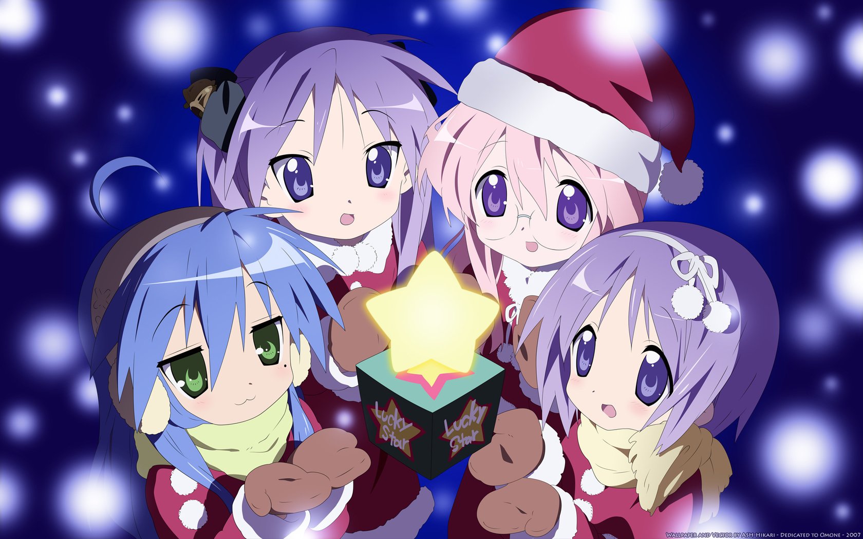 Обои lucky star, izumi konata, hiiragi tsukasa, hiiragi kagami, takara miyuki, елочная, christmas разрешение 1920x1200 Загрузить