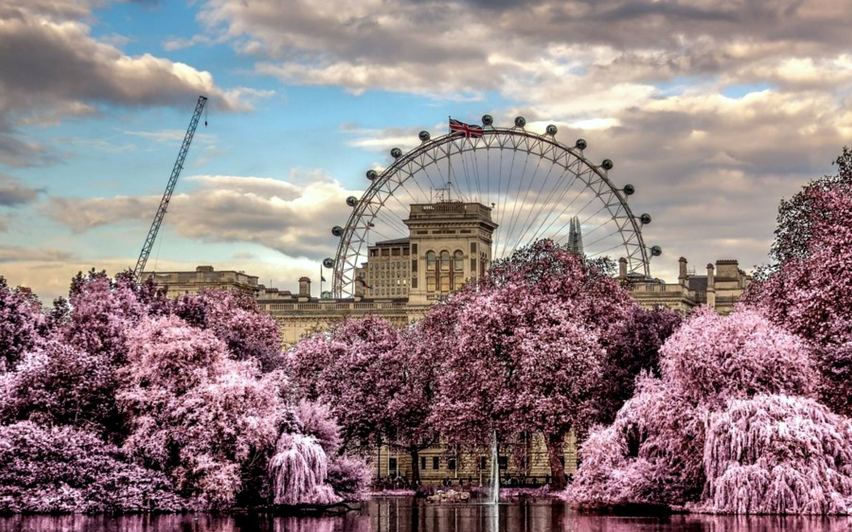 Обои цветы, облака, деревья, колесо обозрения, весна, красиво, flowers, clouds, trees, ferris wheel, spring, beautiful разрешение 2000x1333 Загрузить