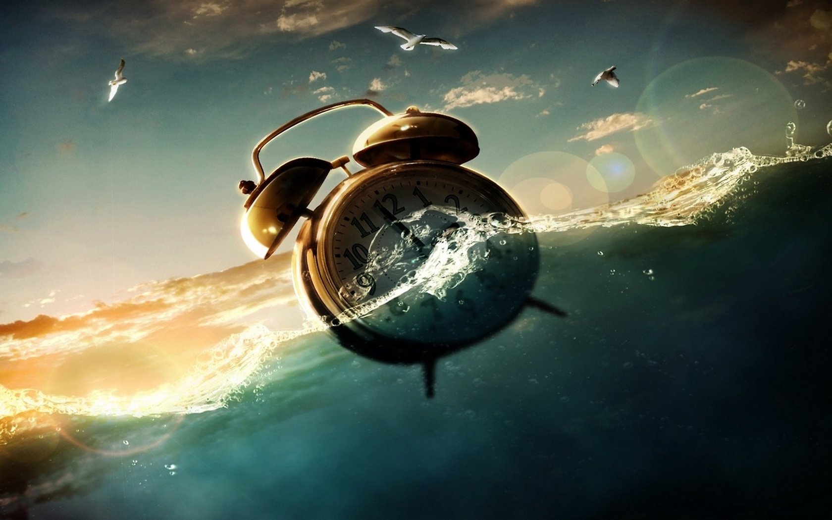 Обои будильник в воде, alarm clock in water разрешение 2560x1600 Загрузить