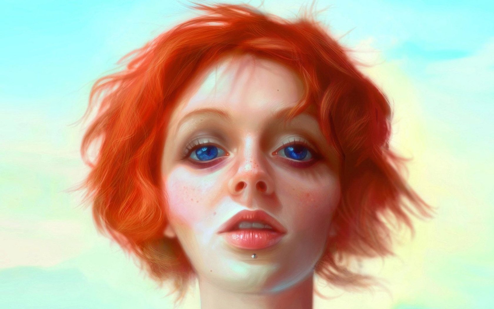 Обои глаза, арт, рисунок, девушка, рыжая, голубые, пирсинг, eyes, art, figure, girl, red, blue, piercing разрешение 1920x1080 Загрузить