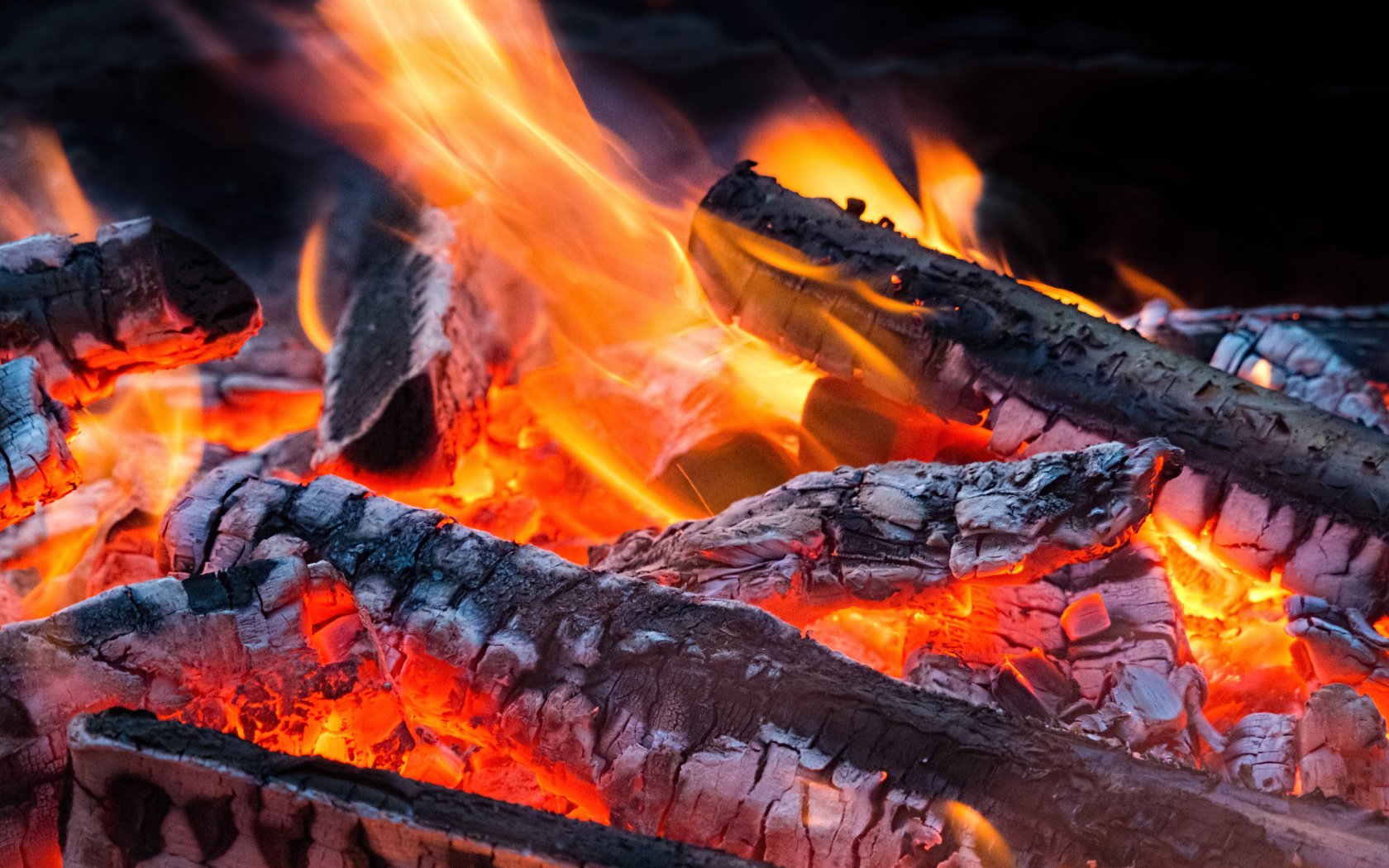 Обои пламя, огонь, костёр, поленья, зола, flame, fire, the fire, logs, ash разрешение 2560x1600 Загрузить
