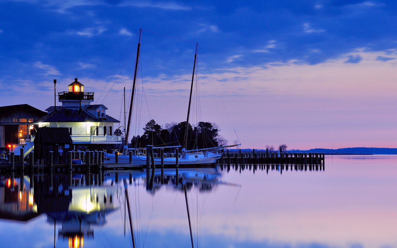 Обои вечер, закат, маяк, сша, синее, сиреневое, the evening, sunset, lighthouse, usa, blue, lilac разрешение 1920x1200 Загрузить