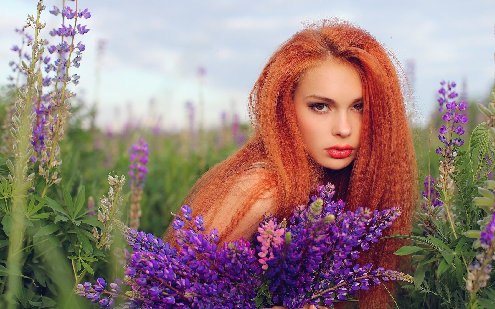 Обои цветы, девушка, рыжая, волосы, губы, люпин, flowers, girl, red, hair, lips, lupin разрешение 2000x1227 Загрузить