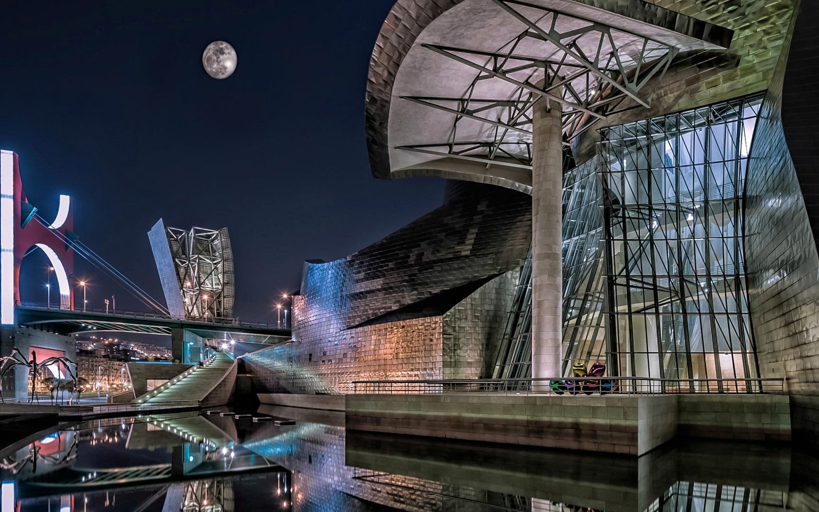 Обои ночь, луна, испания, музей гуггенхейма, бильбао, night, the moon, spain, the guggenheim museum, bilbao разрешение 1920x1080 Загрузить