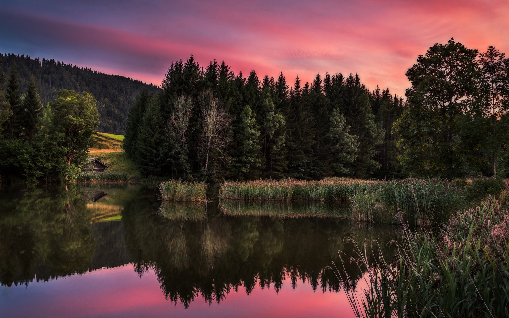 Обои озеро, река, природа, лес, закат, отражение, пейзаж, дом, lake, river, nature, forest, sunset, reflection, landscape, house разрешение 2048x1366 Загрузить