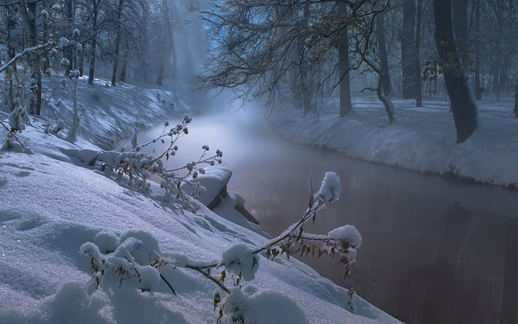 Обои деревья, река, снег, природа, лес, зима, trees, river, snow, nature, forest, winter разрешение 1920x1200 Загрузить