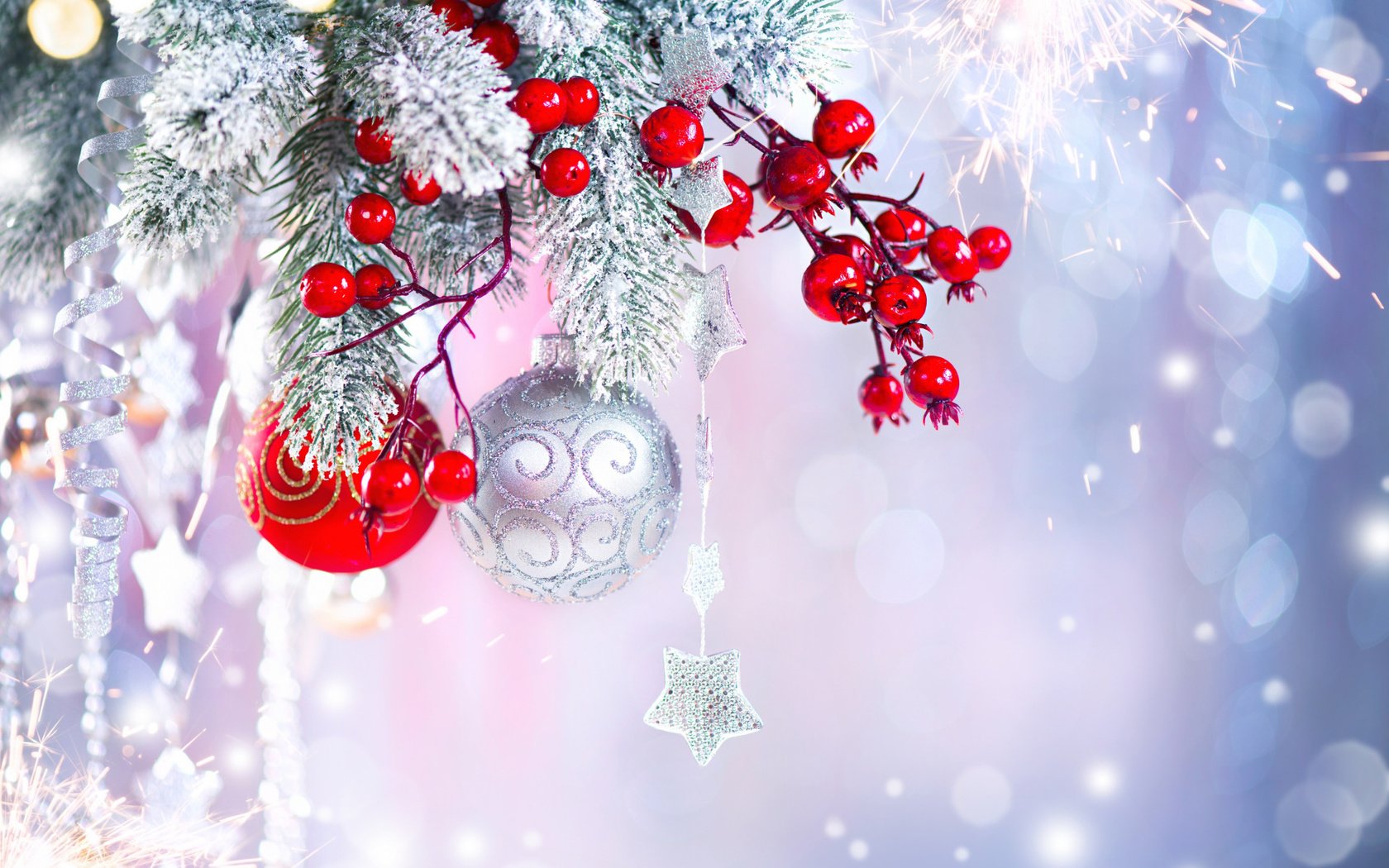 Обои новый год, звездочка, шары, украшения, ель, игрушки, ягоды, праздник, рождество, new year, asterisk, balls, decoration, spruce, toys, berries, holiday, christmas разрешение 1920x1200 Загрузить