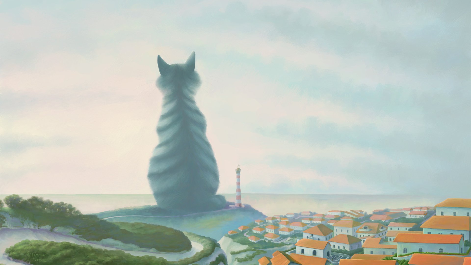 Обои кот, маяк, город, великан, cat, lighthouse, the city, giant разрешение 1920x1200 Загрузить