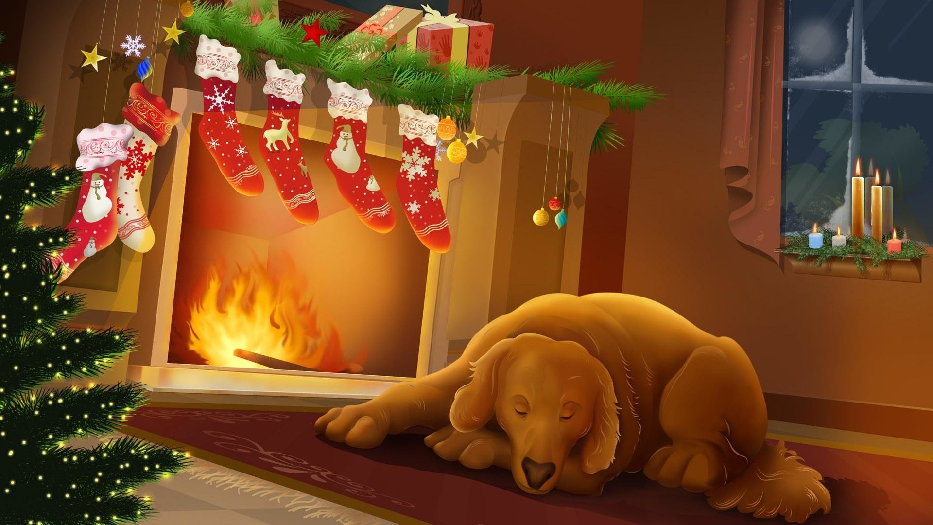 Обои ночь, новый год, собака, камин, тепло, рождество, night, new year, dog, fireplace, heat, christmas разрешение 1920x1200 Загрузить