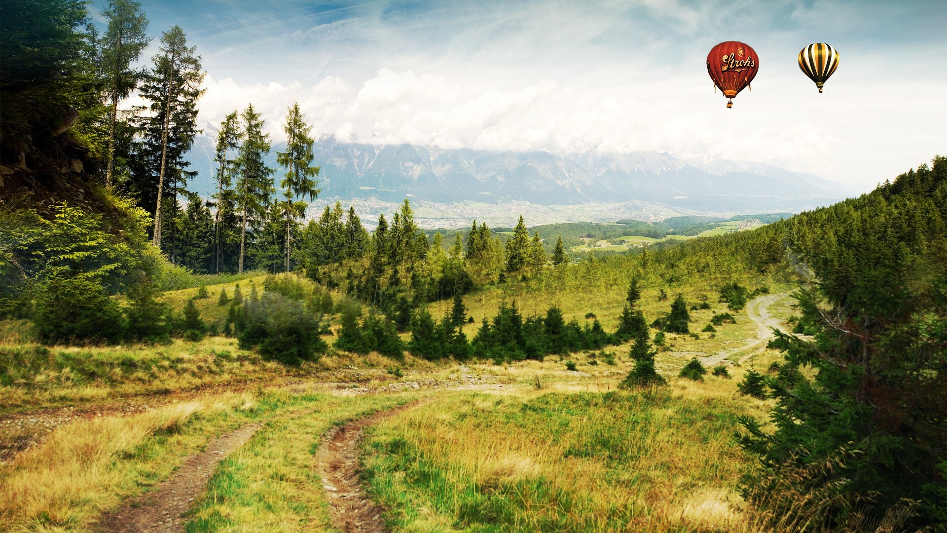 Обои дорога, горы, лес, воздушные шары, road, mountains, forest, balloons разрешение 1920x1200 Загрузить