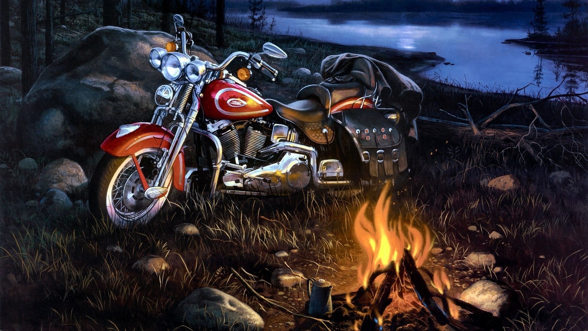 Обои арт, река, пейзаж, мотоцикл, костёр, harley-davidson, art, river, landscape, motorcycle, the fire разрешение 1920x1200 Загрузить