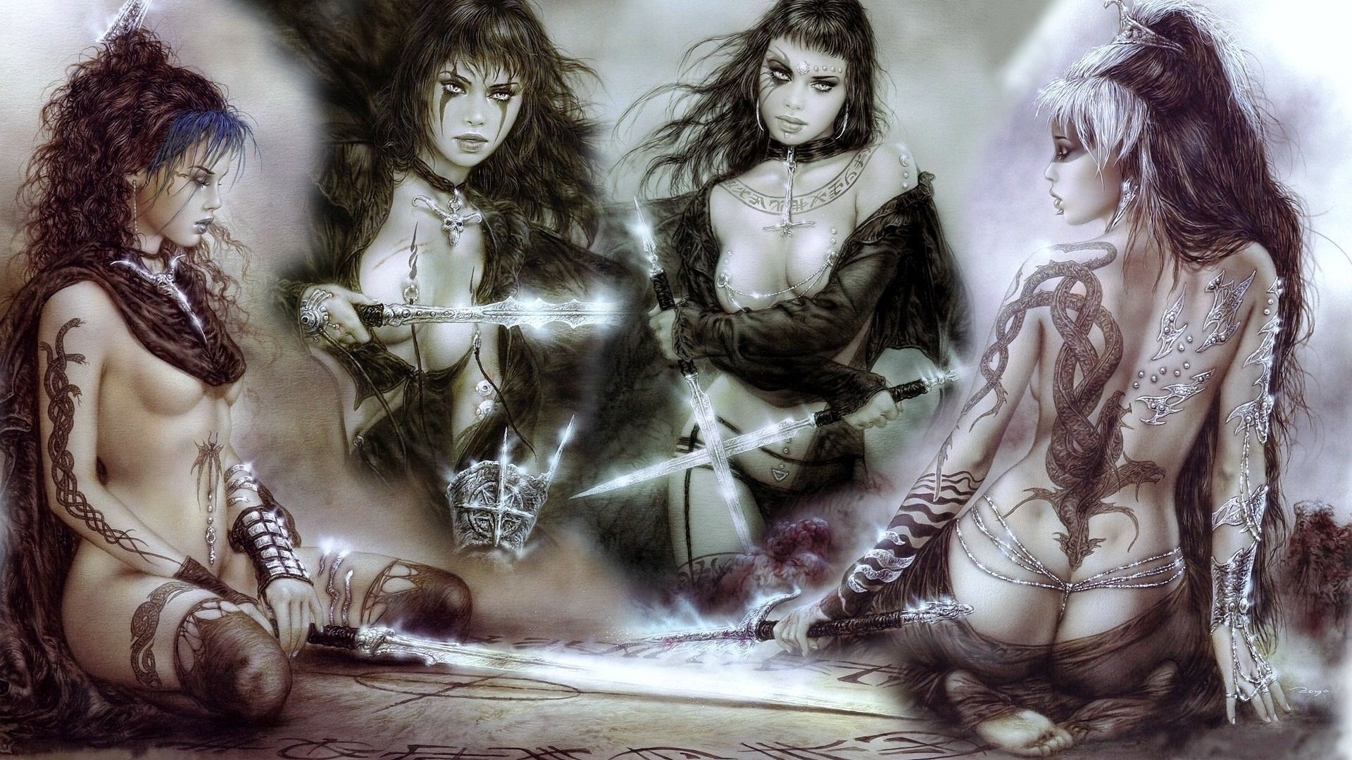 Обои девушки, тату, мечи, луис ройо, girls, tattoo, swords, luis royo разрешение 1920x1200 Загрузить