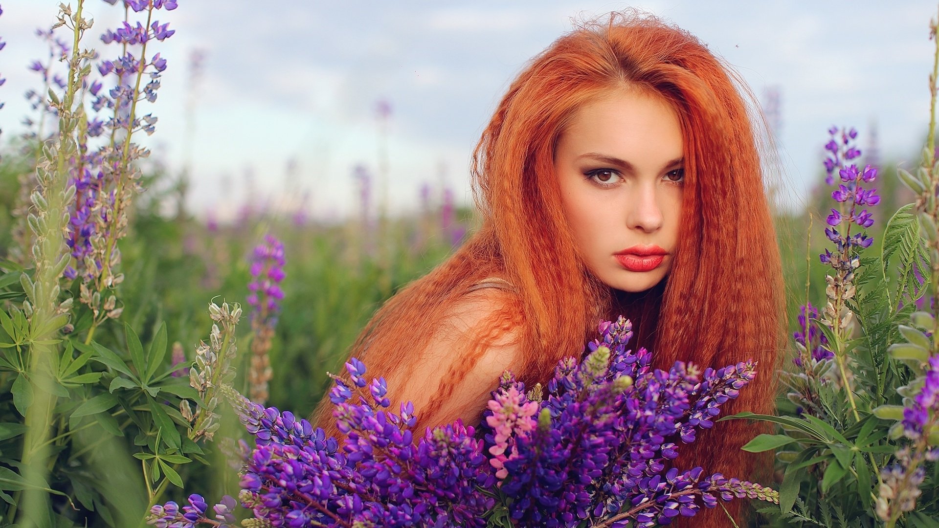 Обои цветы, девушка, рыжая, волосы, губы, люпин, flowers, girl, red, hair, lips, lupin разрешение 2000x1227 Загрузить