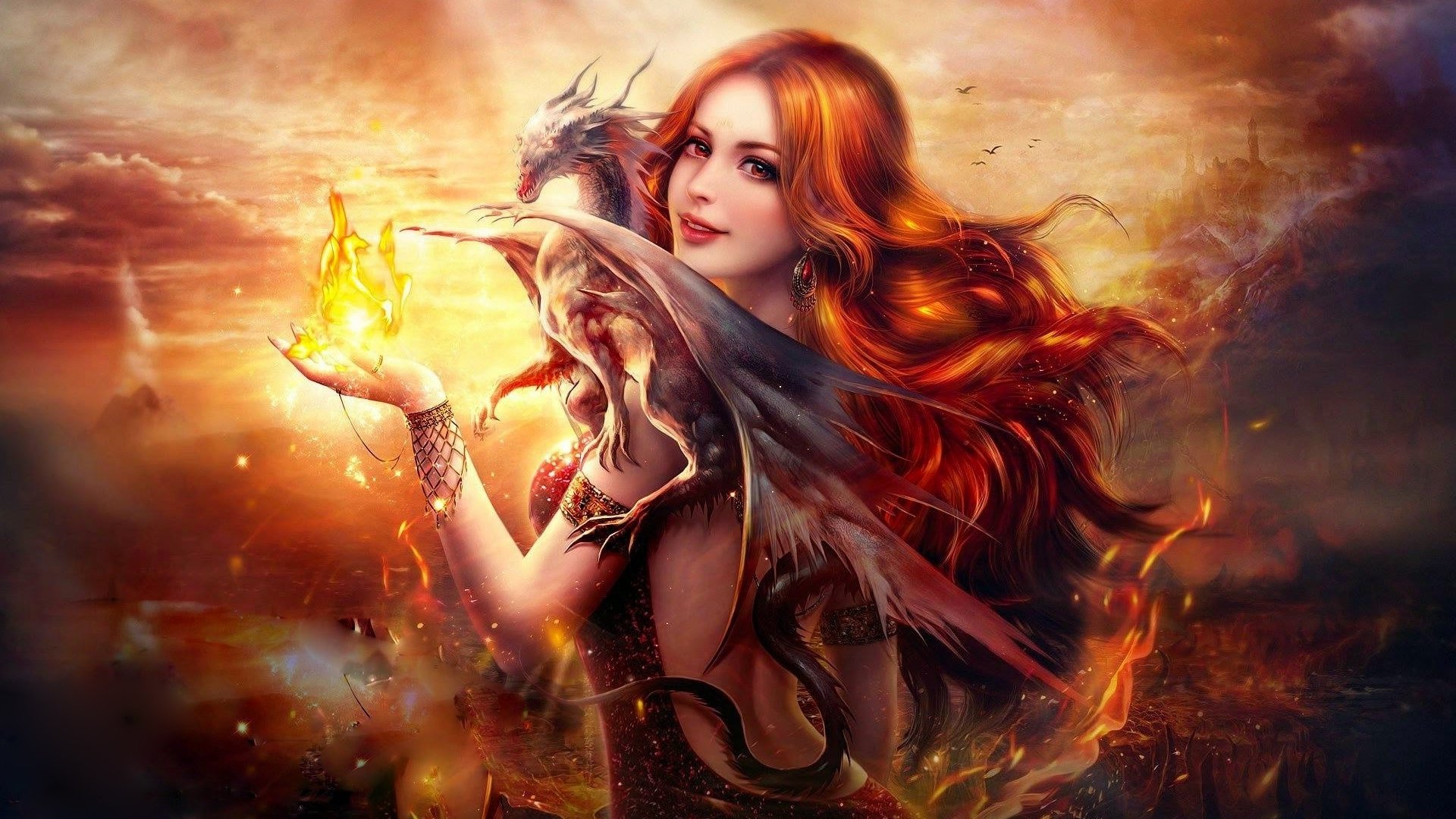 Обои арт, хорошенькая, пламя, рыжеволосая, девушка, цифровая, дракон, огненная, gевочка, огонь, самка, женщина, красива, фантазии, art, pretty, flame, redhead, girl, digital, dragon, fire, female, woman, beautiful, fantasy разрешение 1920x1200 Загрузить