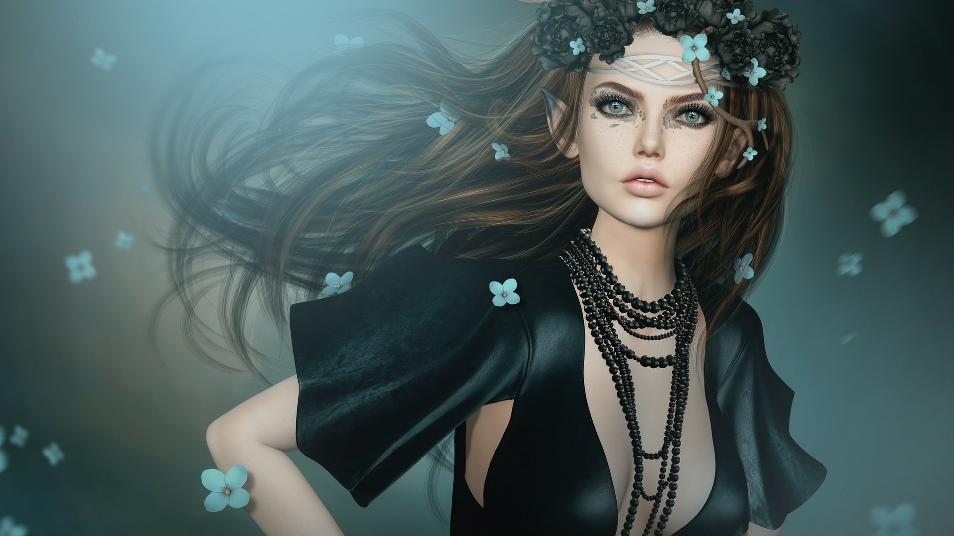 Обои цветы, девушка, эльф, венок, ожерелье, flowers, girl, elf, wreath, necklace разрешение 2048x1385 Загрузить