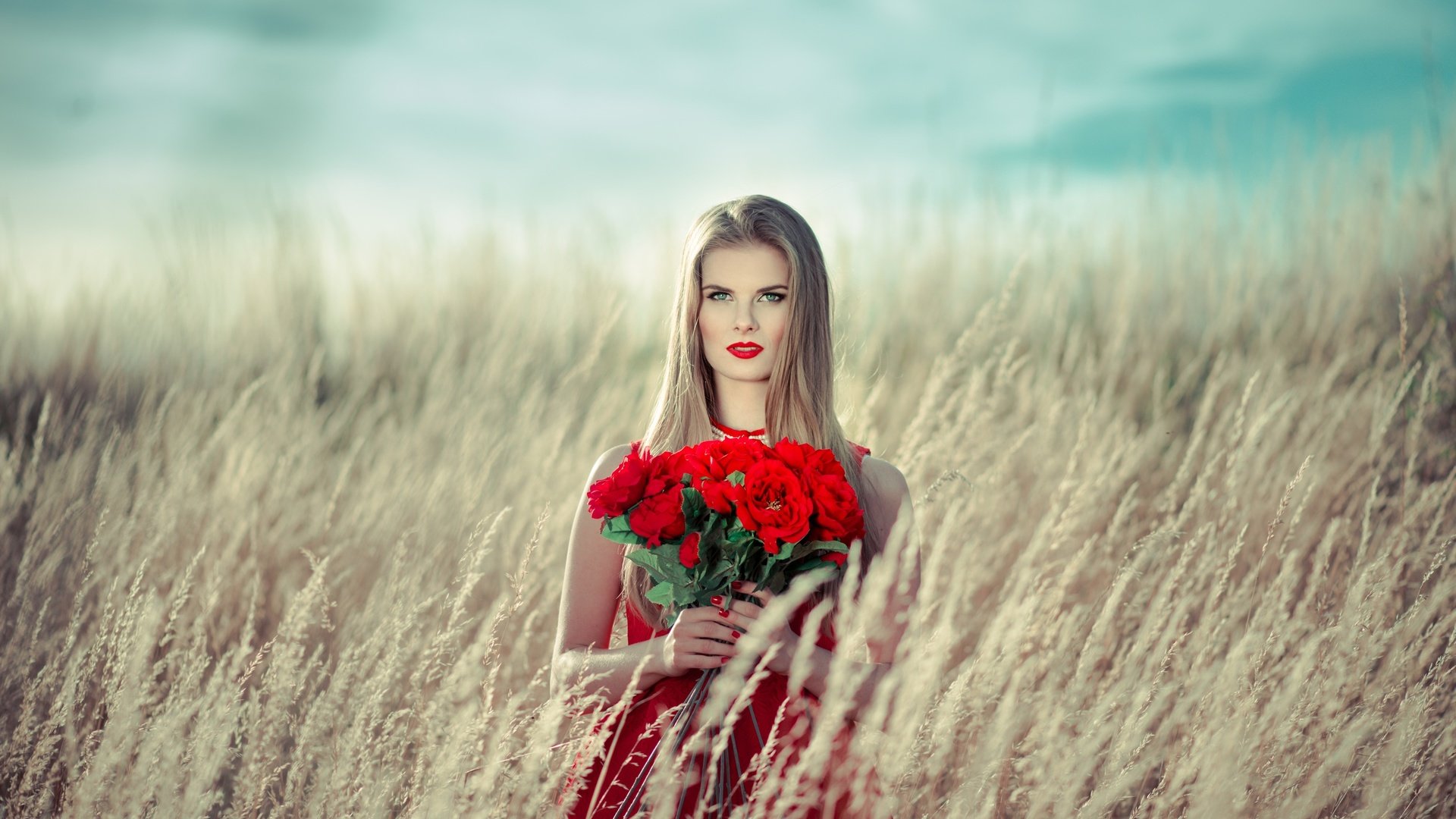 Обои девушка, поле, розы, красные, букет, макияж, girl, field, roses, red, bouquet, makeup разрешение 2500x1673 Загрузить