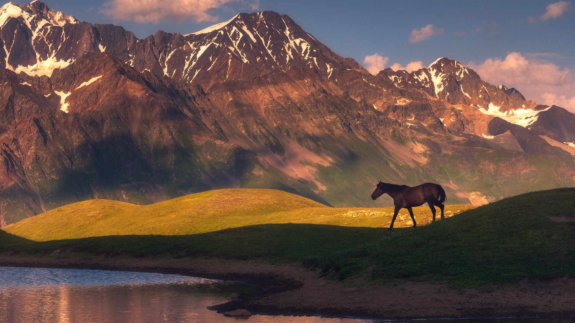 Обои лошадь, озеро, горы, природа, конь, horse, lake, mountains, nature разрешение 1942x1300 Загрузить