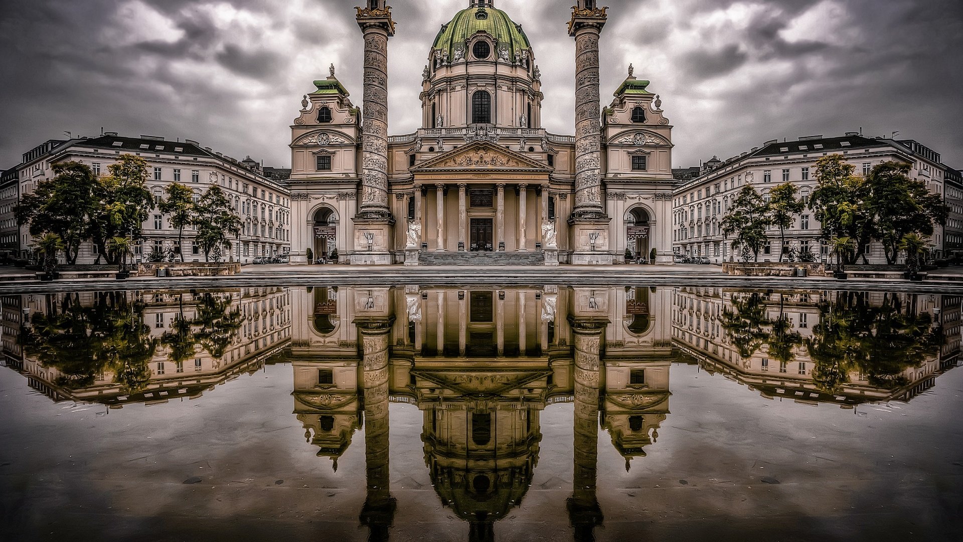 Обои вода, отражение, австрия, церковь, вена, карлсплац, water, reflection, austria, church, vienna, karlsplatz разрешение 2048x1422 Загрузить