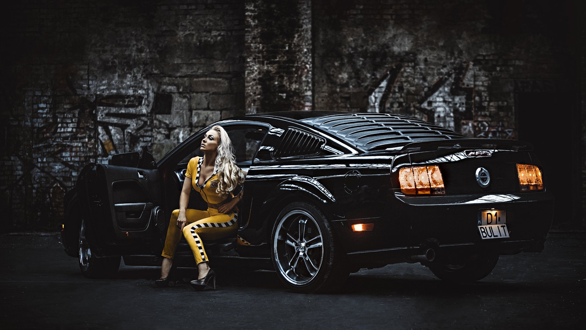 Обои девушка, блондинка, модель, автомобиль, мустанг, ford mustang, фон.jpg, girl, blonde, model, car, mustang, ford разрешение 2048x1152 Загрузить