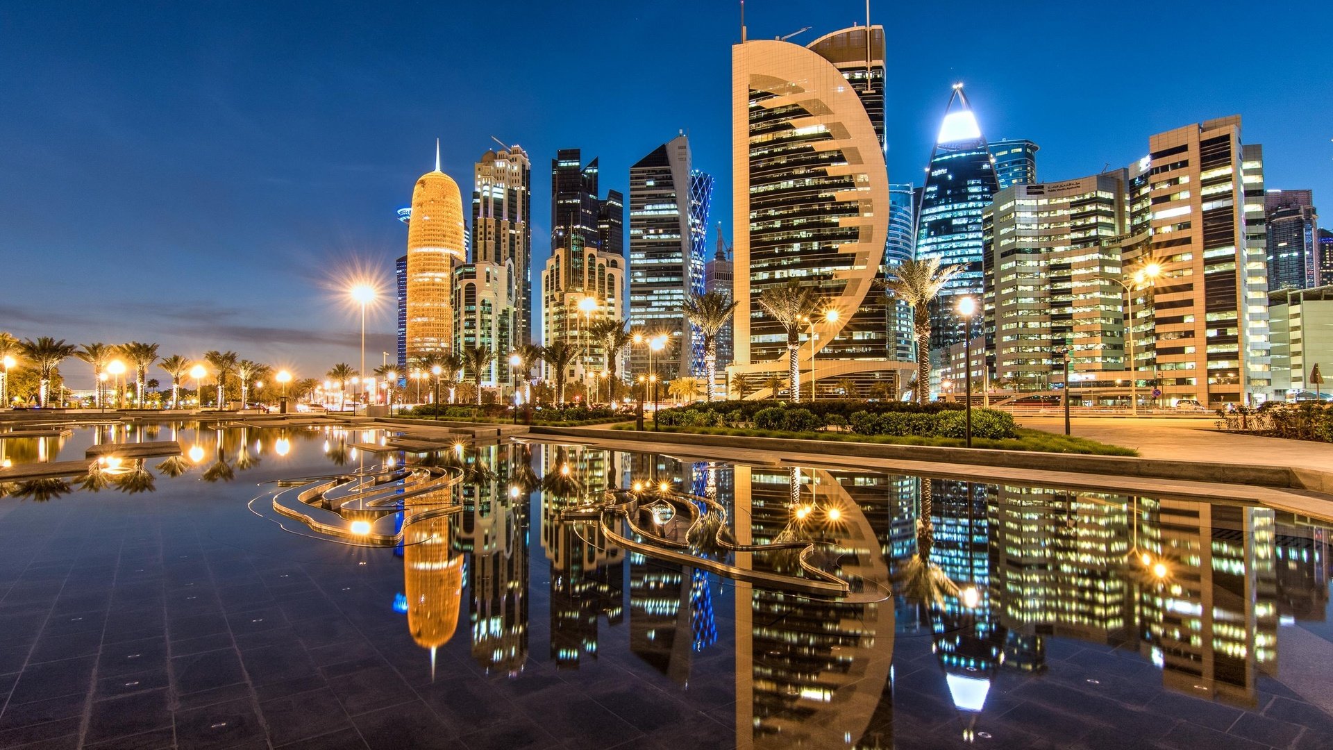 Обои отражение, небоскребы, ночной город, здания, катар, доха, sheraton park, reflection, skyscrapers, night city, building, qatar, doha разрешение 2754x1751 Загрузить