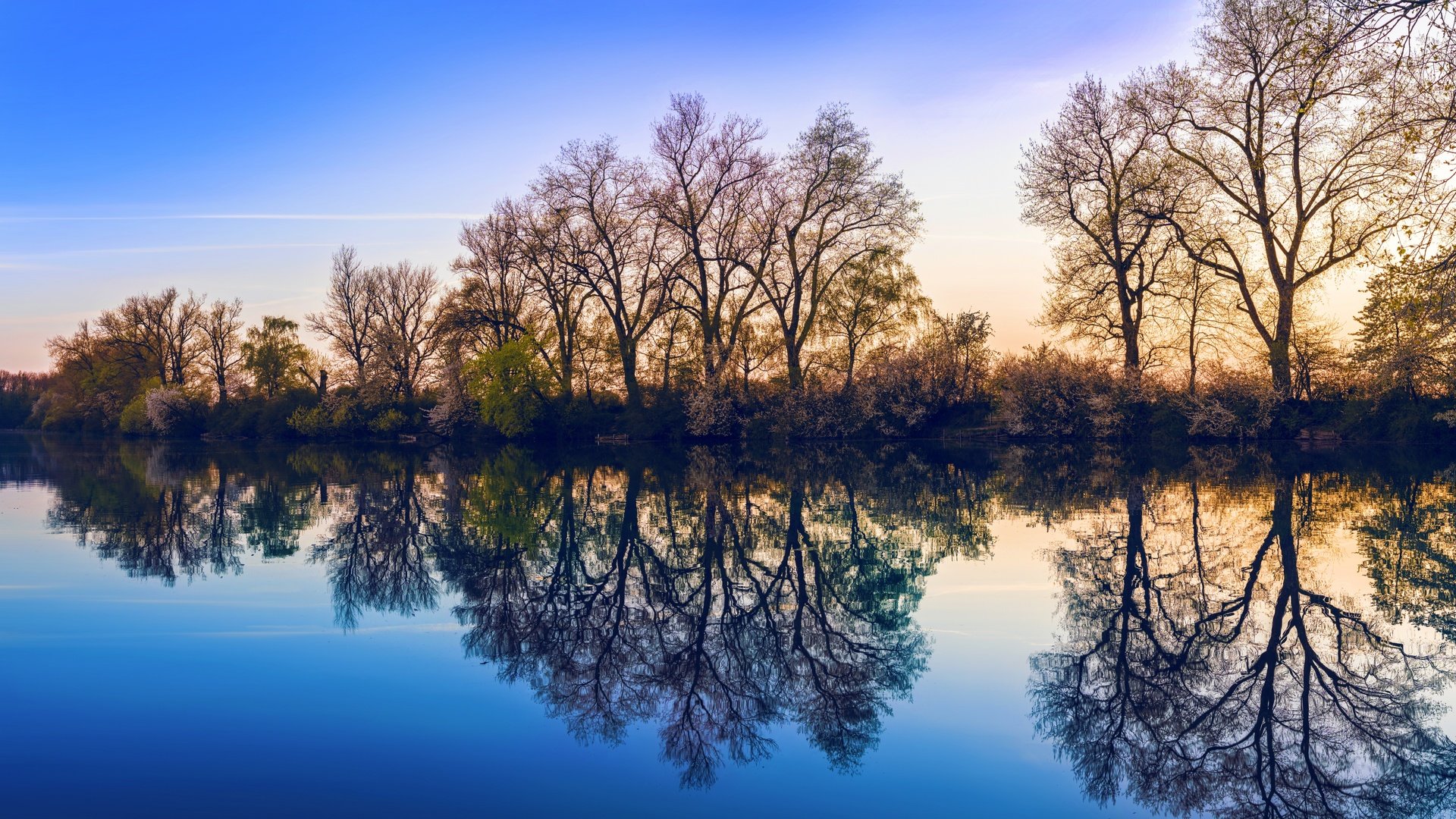 Обои небо, деревья, озеро, природа, отражение, the sky, trees, lake, nature, reflection разрешение 7680x4270 Загрузить