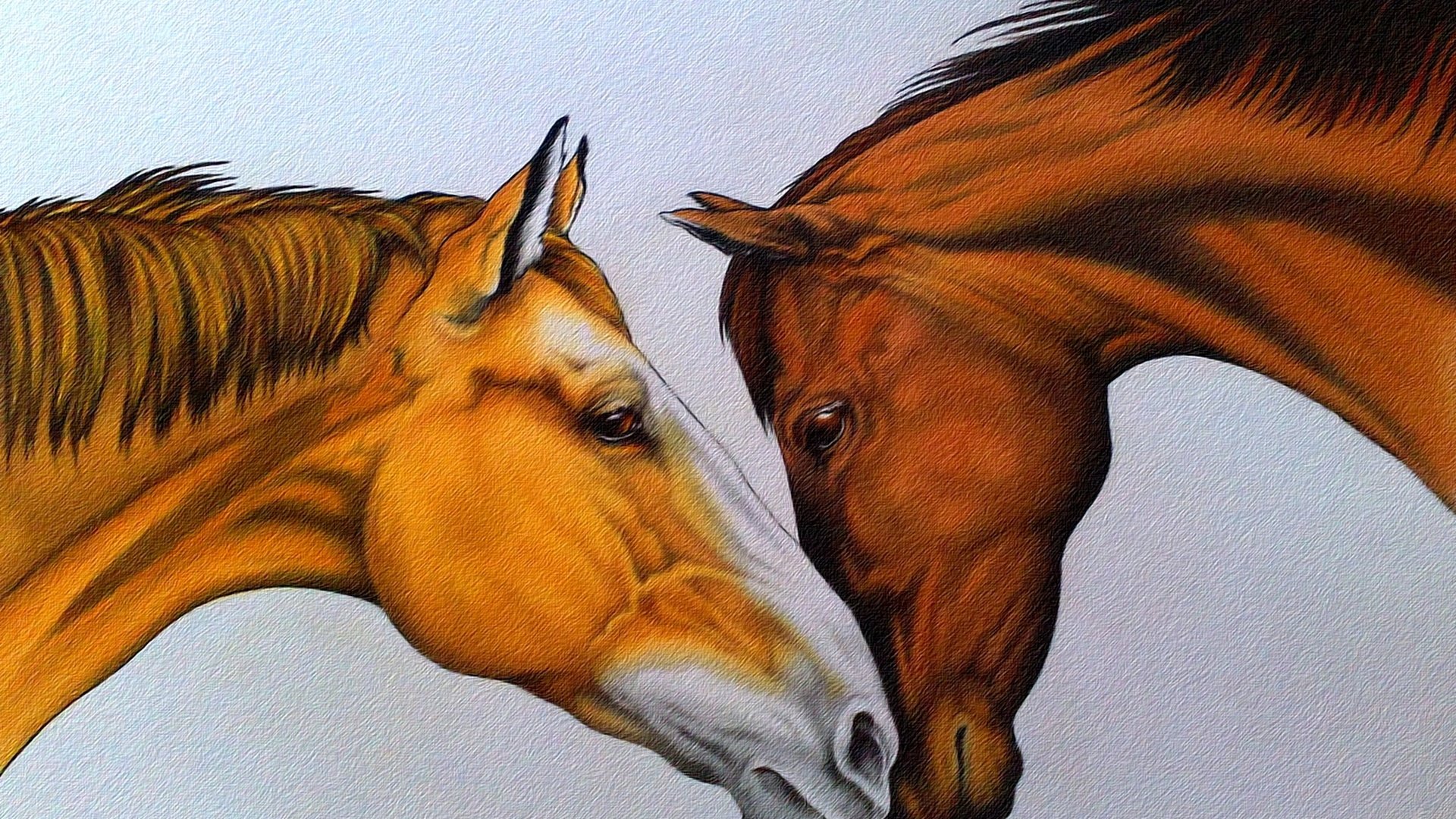 Обои рисунок, пара, лошади, кони, нежность, живопись, figure, pair, horse, horses, tenderness, painting разрешение 2297x1529 Загрузить