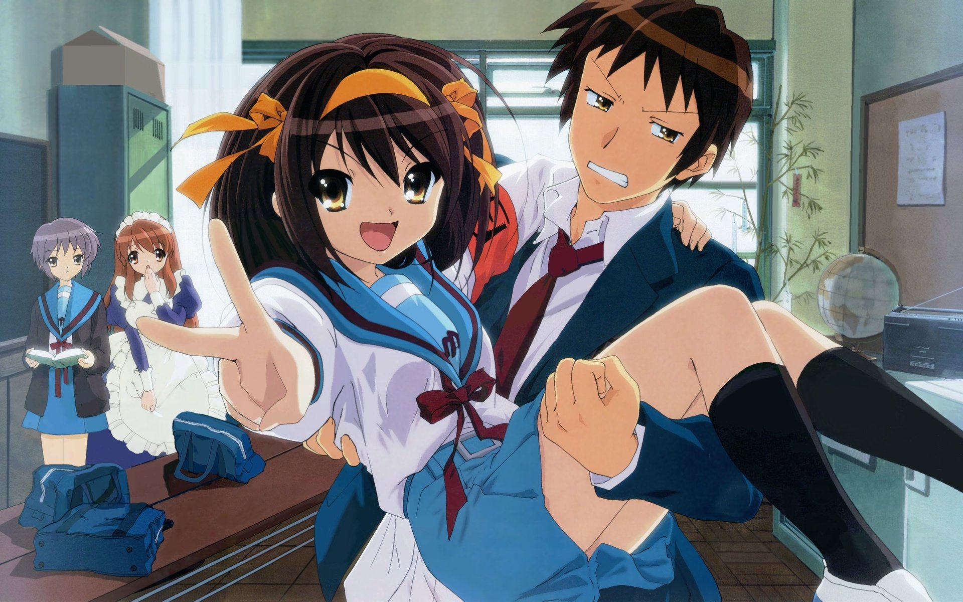 Обои asahina mikuru, kyon, nagato yuki, suzumiya haruhi, suzumiya haruhi no yuutsu разрешение 2593x1600 Загрузить