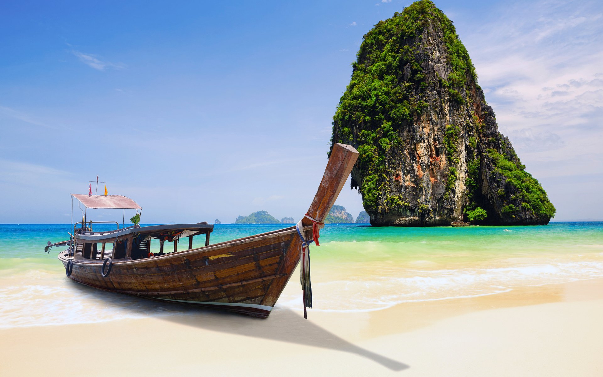 Обои скала, пляж, лодка, таиланд, тропики, rock, beach, boat, thailand, tropics разрешение 2048x1365 Загрузить