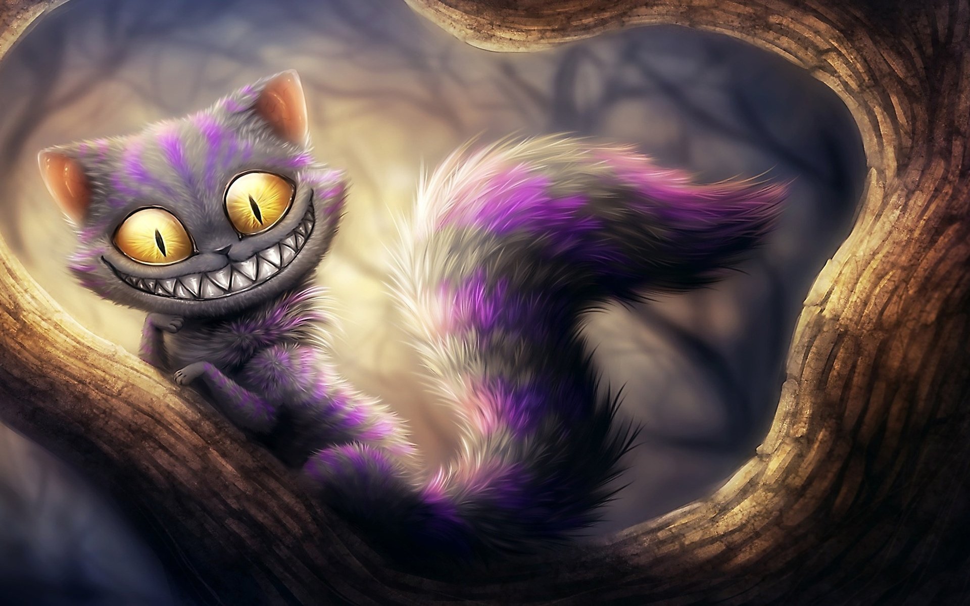 Обои чеширский кот на дереве, cheshire cat in a tree разрешение 2560x1440 Загрузить