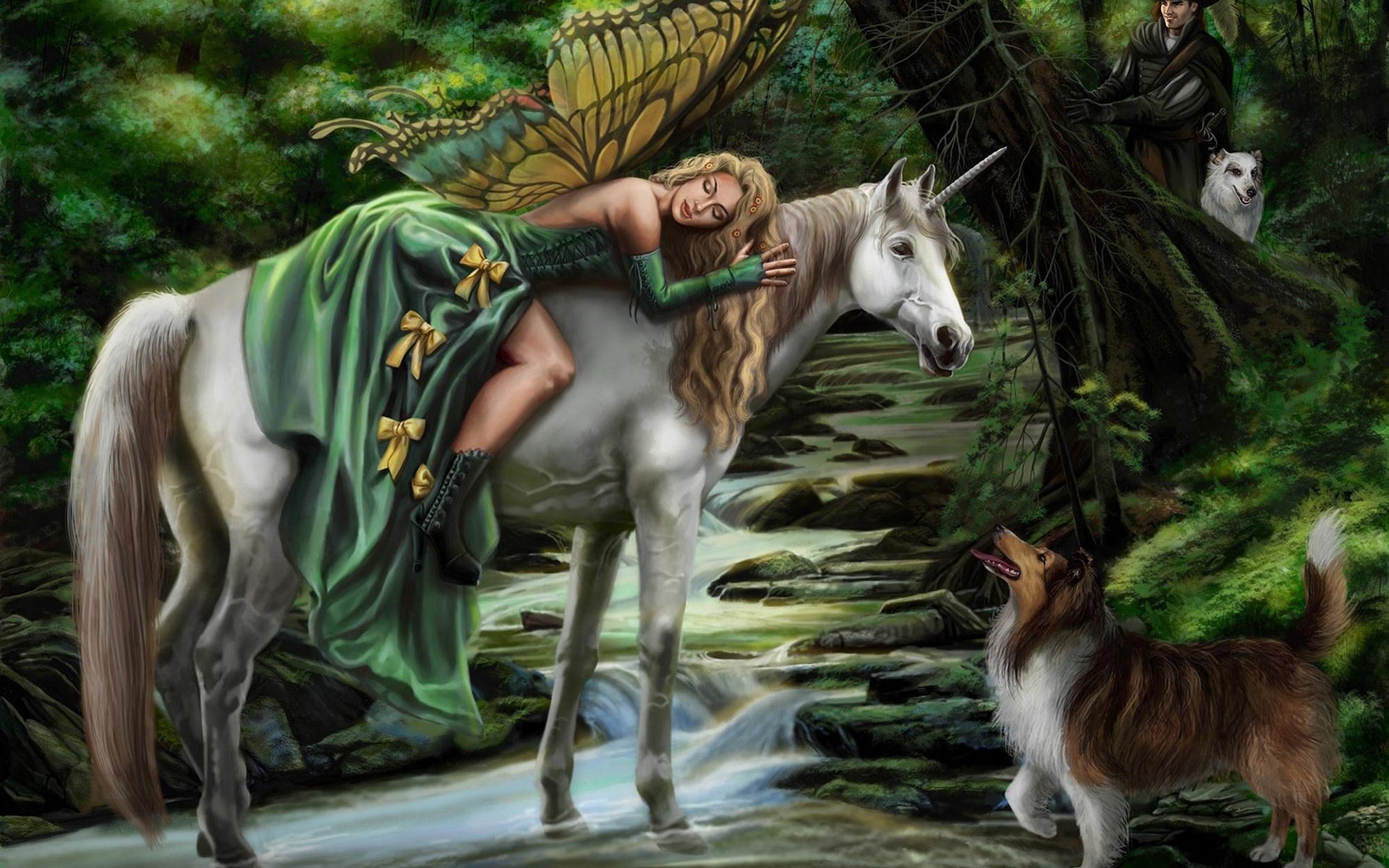 Обои арт, волшебный лес, девушка, фэнтези, собака, фея, охотник, единорог, faerie steed, sandra chang, art, magic forest, girl, fantasy, dog, fairy, hunter, unicorn разрешение 1920x1400 Загрузить