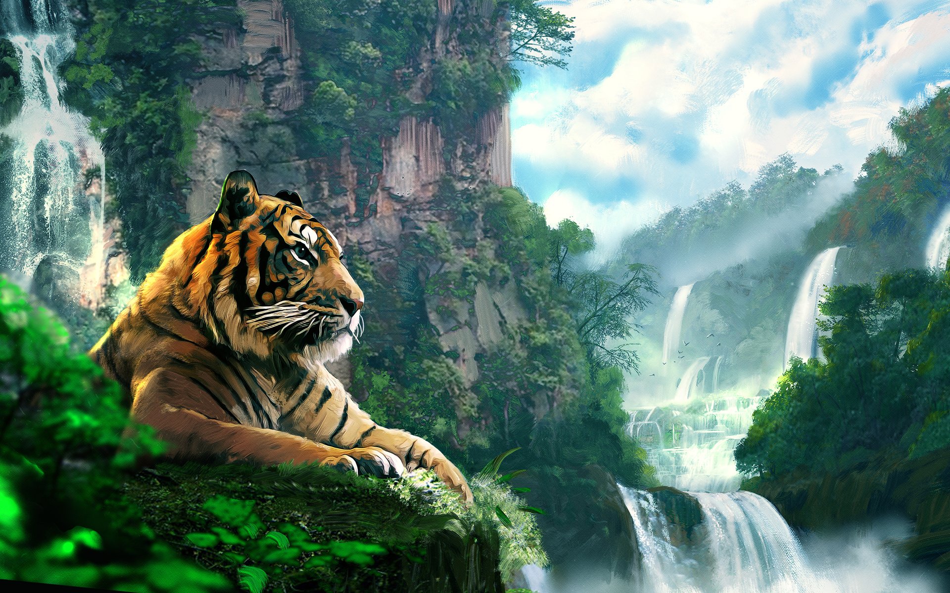 Обои тигр, арт, лес, пейзаж, гора, водопад, tiger, art, forest, landscape, mountain, waterfall разрешение 2500x1516 Загрузить