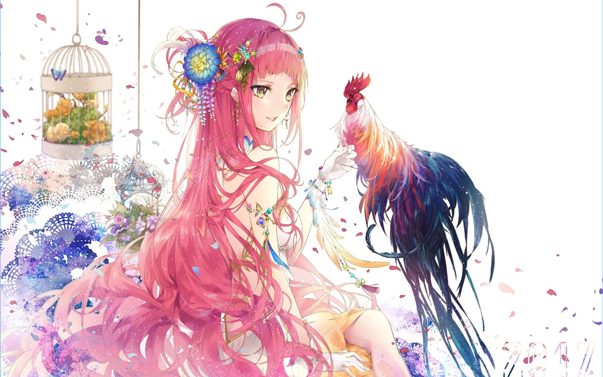 Обои арт, девушка, аниме, птица, волосы, петух, art, girl, anime, bird, hair, cock разрешение 2070x1346 Загрузить