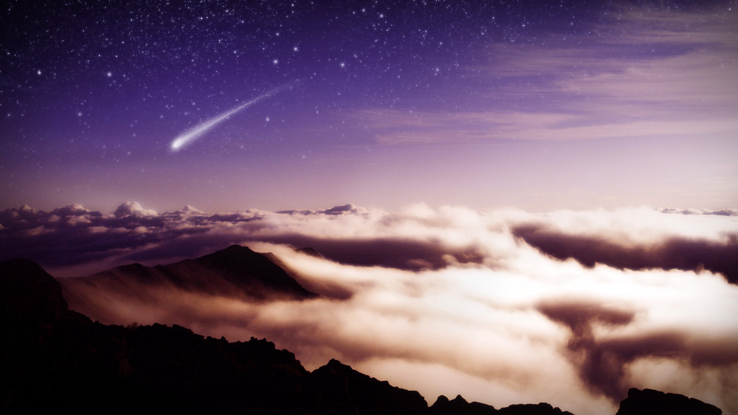 Обои облака, горы, звезды, метеор, clouds, mountains, stars, meteor разрешение 2560x1600 Загрузить