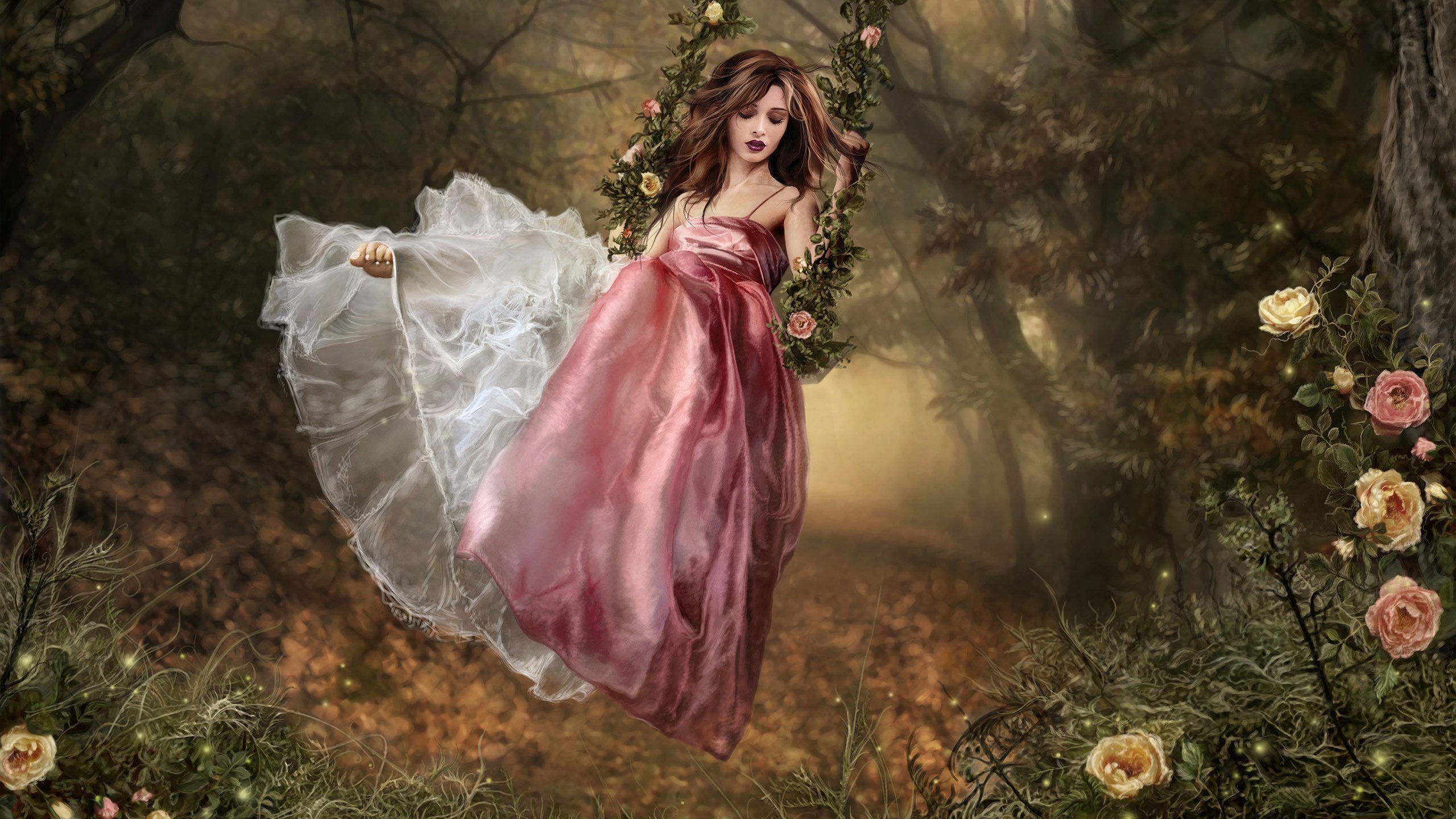 Обои лес, девушка, платье, качели, forest, girl, dress, swing разрешение 2560x1600 Загрузить