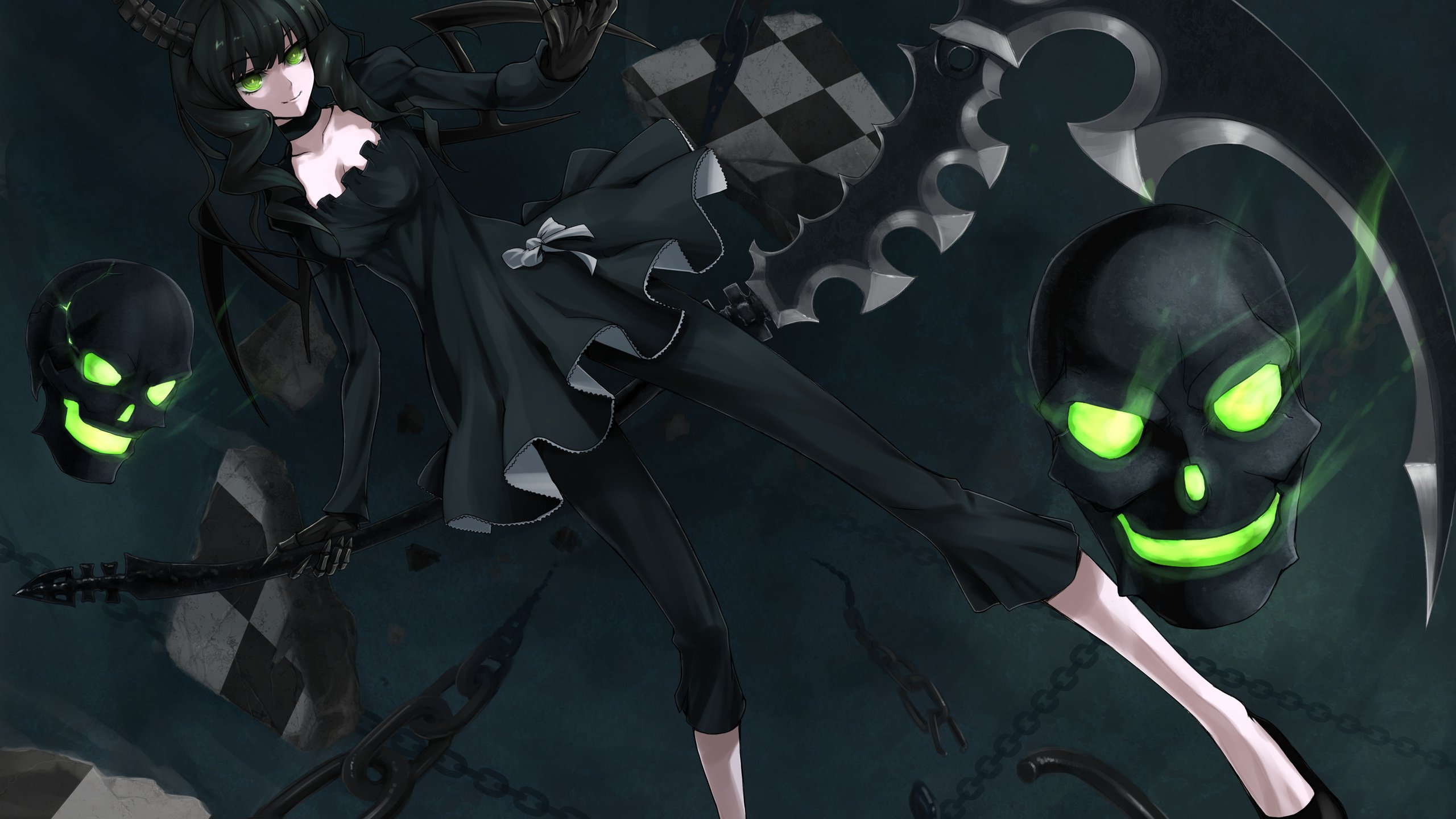 Обои black rock shooter, черепа, takanashi yomi, шахматная, skull, chess разрешение 3508x2480 Загрузить