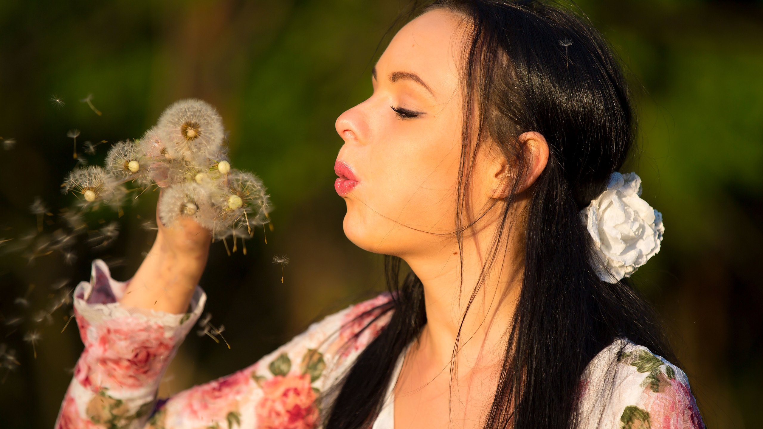 Обои цветы, брюнетка, модель, лицо, кети, одуванчик, flowers, brunette, model, face, katie, dandelion разрешение 5416x3480 Загрузить