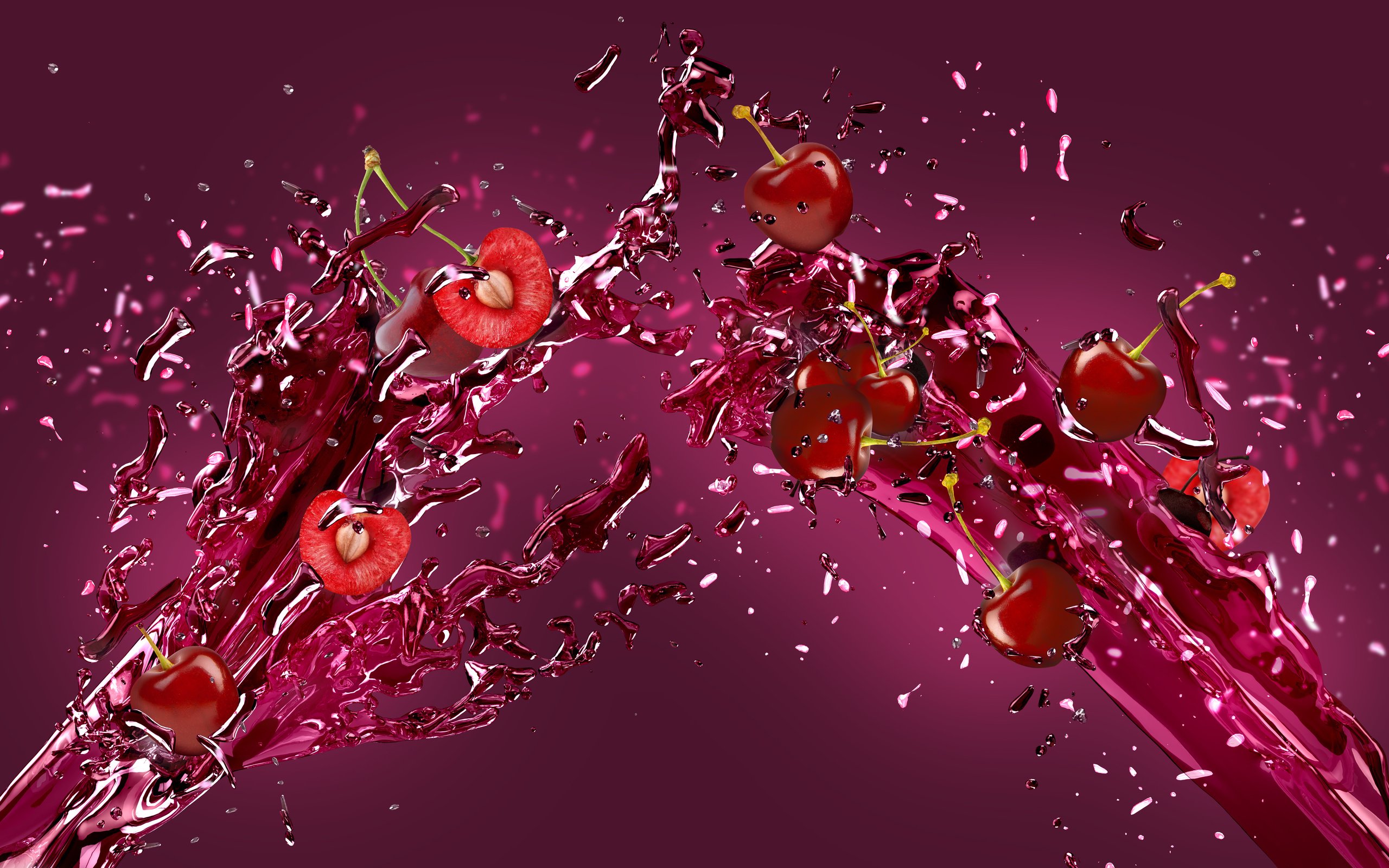 Обои брызги, ягоды, вишня, всплеск, сок, squirt, berries, cherry, splash, juice разрешение 6000x3375 Загрузить