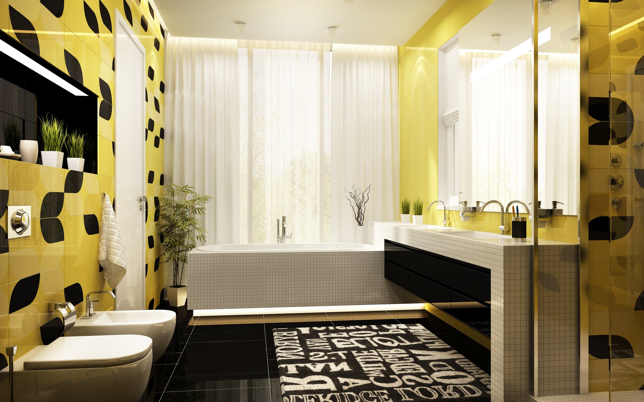 Обои желтый, интерьер, дизайн, черный, ванна, ванная, yellow, interior, design, black, bath, bathroom разрешение 5000x3846 Загрузить