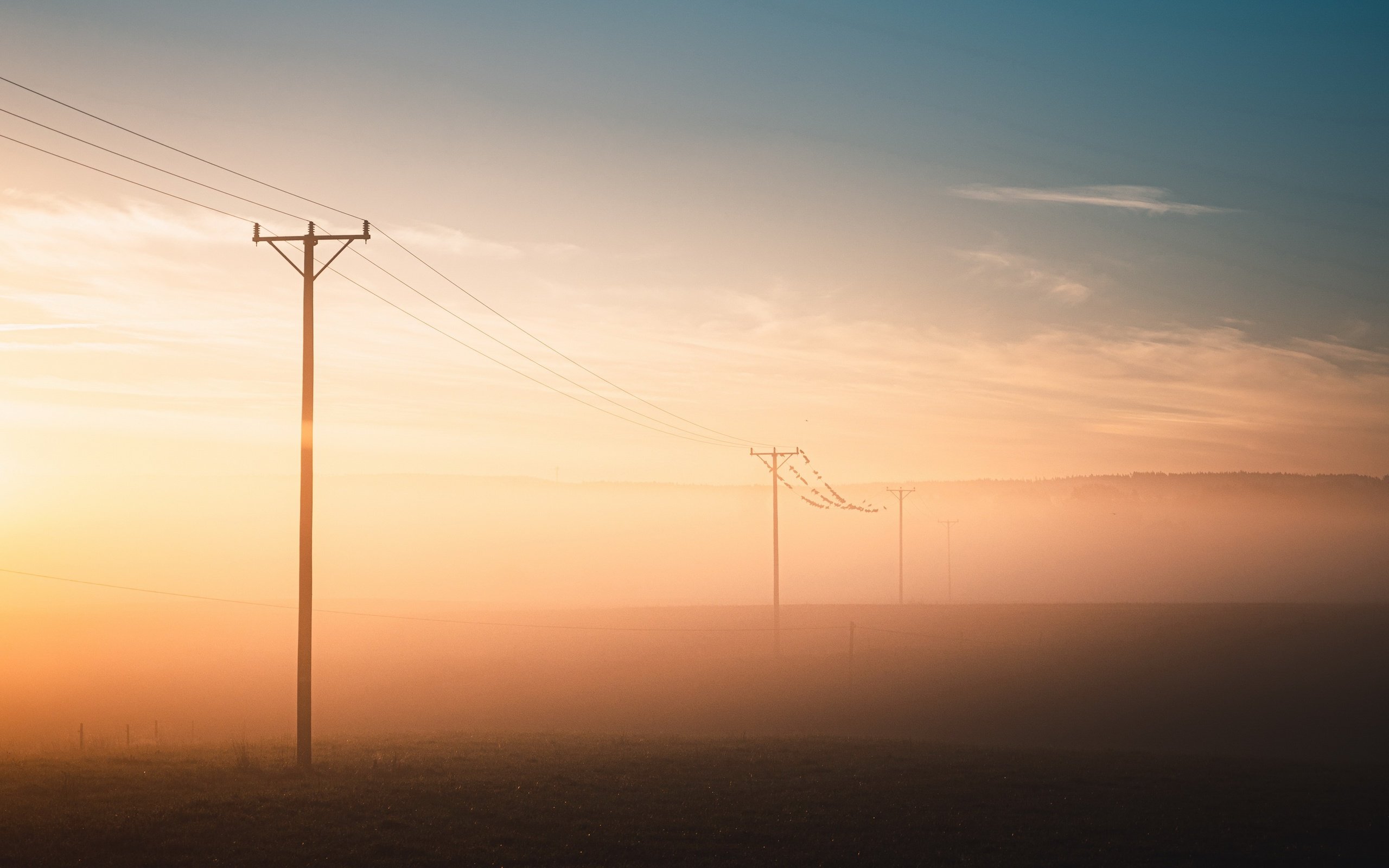 Обои туман, поле, лэп, fog, field, power lines разрешение 3840x2160 Загрузить