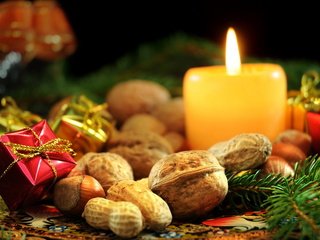 Обои свечи, украшения, орехи, хвоя, пламя, фокус камеры, candles, decoration, nuts, needles, flame, the focus of the camera разрешение 1920x1200 Загрузить