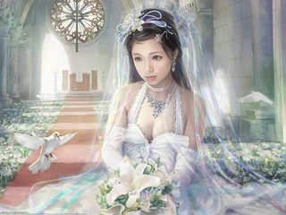 Обои цветы, девушка, красота, букет, i-chen lin, невеста, голуби, flowers, girl, beauty, bouquet, the bride, pigeons разрешение 2560x1600 Загрузить
