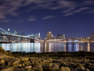 Обои ночь, пляж, мост, сша, нью-йорк, бруклинский мост, night, beach, bridge, usa, new york, brooklyn bridge разрешение 1920x1080 Загрузить