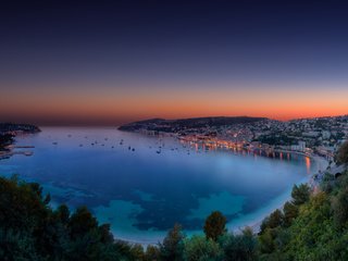 Обои яхты, панорама, город, красивый залив на закате, синяя вода, yachts, panorama, the city, the beautiful bay at sunset, blue water разрешение 1920x1080 Загрузить