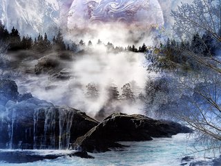 Обои арт, деревья, река, горы, пейзаж, водопад, 3д, art, trees, river, mountains, landscape, waterfall, 3d разрешение 1920x1200 Загрузить