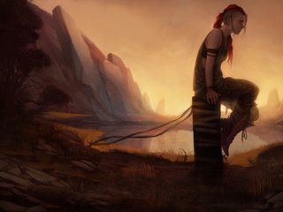 Обои арт, озеро, скалы, девушка, рыжая, art, lake, rocks, girl, red разрешение 3600x2291 Загрузить