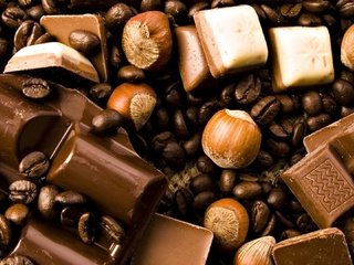 Обои орехи, кофе, шоколад, кофейные зерна, фундук, nuts, coffee, chocolate, coffee beans, hazelnuts разрешение 1920x1080 Загрузить