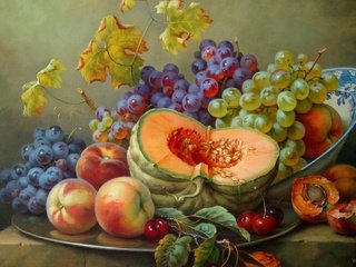 Обои картина, натюрморт, виноград, абрикосы, фрукты, gabor toth, ягоды, вишня, овощи, персики, тыква, picture, still life, grapes, apricots, fruit, berries, cherry, vegetables, peaches, pumpkin разрешение 1920x1200 Загрузить