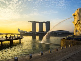 Обои восход, город, фонтан, сингапур, парк мерлион, sunrise, the city, fountain, singapore, merlion park разрешение 2880x1800 Загрузить